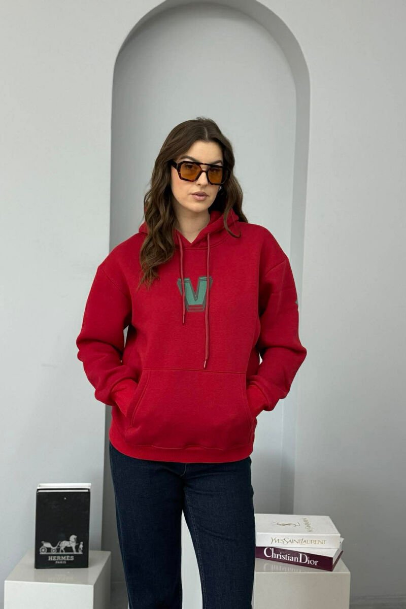 HOODIE ME PUSH ME SHKRIME NE PJESEN E PASME PER FEMRA NE NGJYRE VISHNJE - 3