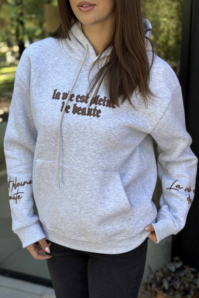 HOODIE ME PUSH NJËNGJYRËSHE DHE DIZANJ MBRAPA PËR FEMRA NË NGJYRËN GRI TË ZBARDHUR - 5