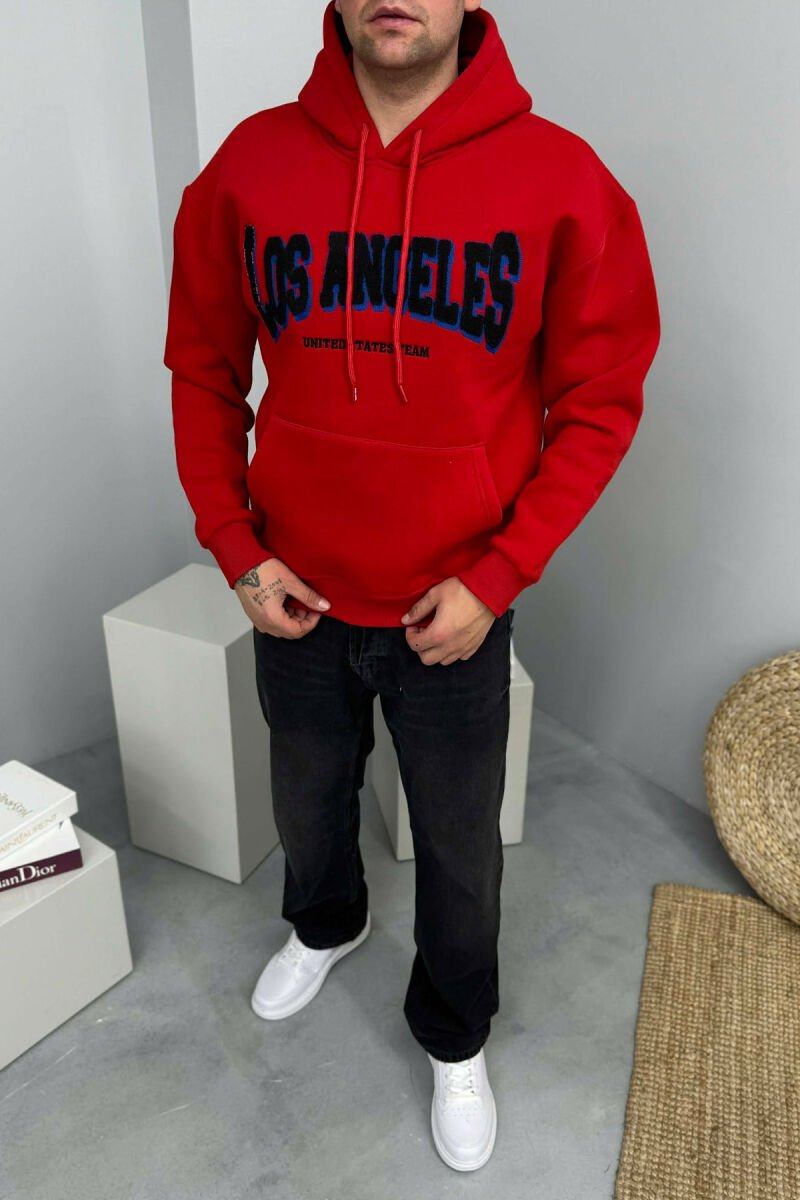 HOODIE ME PUSH NJËNGJYRËSHE DHE ME SHKRIM PARA PËR MESHKUJ NË NGJYRE TE KUQE - 2