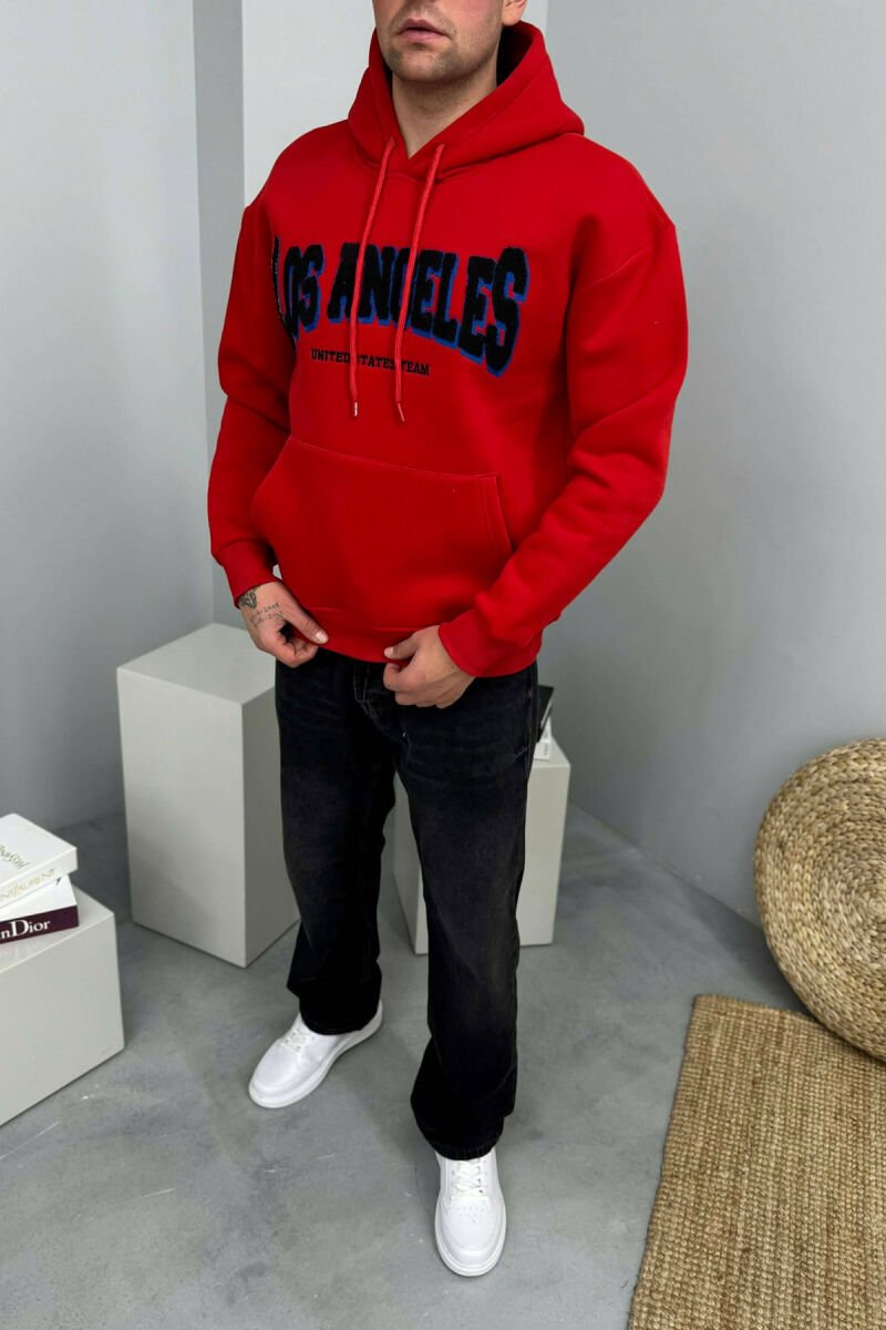 HOODIE ME PUSH NJËNGJYRËSHE DHE ME SHKRIM PARA PËR MESHKUJ NË NGJYRE TE KUQE - 1