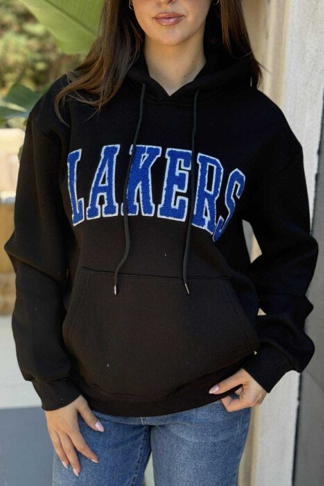 HOODIE ME PUSH NJËNGJYRËSHE DHE ME SHKRIM PARA PËR FEMRA NË NGJYRËN E ZEZË - 4