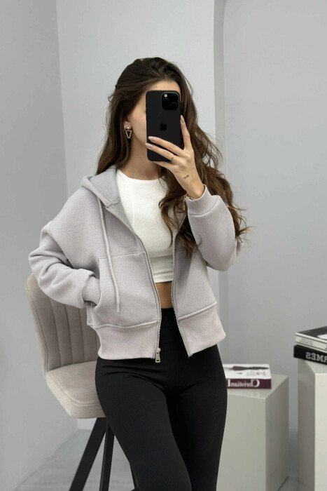 HOODIE ME ZINXHIR DHE ME PUSH NJË NGJYRËSHE PËR FEMRA NË NGJYRËN GRI - 7