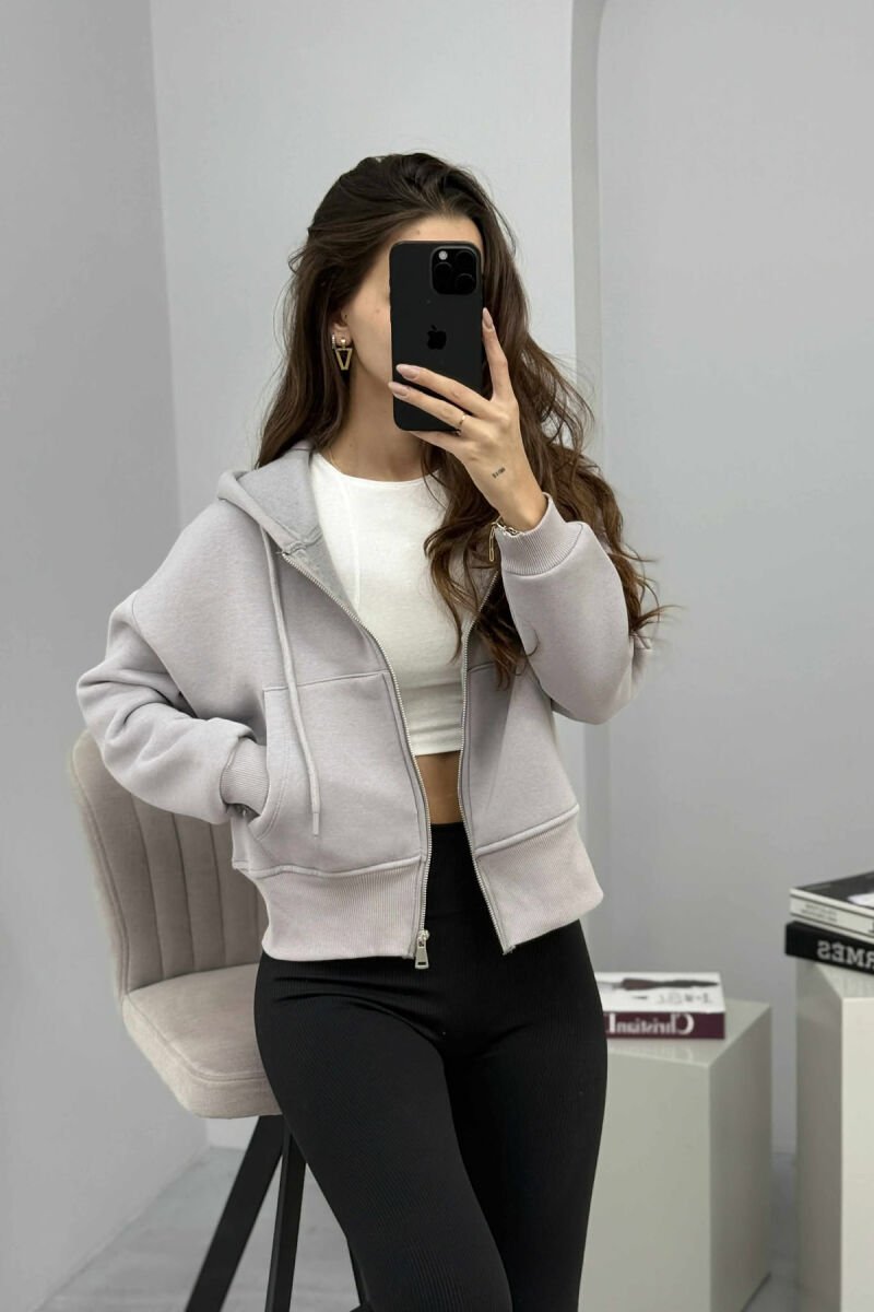 HOODIE ME ZINXHIR DHE ME PUSH NJË NGJYRËSHE PËR FEMRA NË NGJYRËN GRI - 7