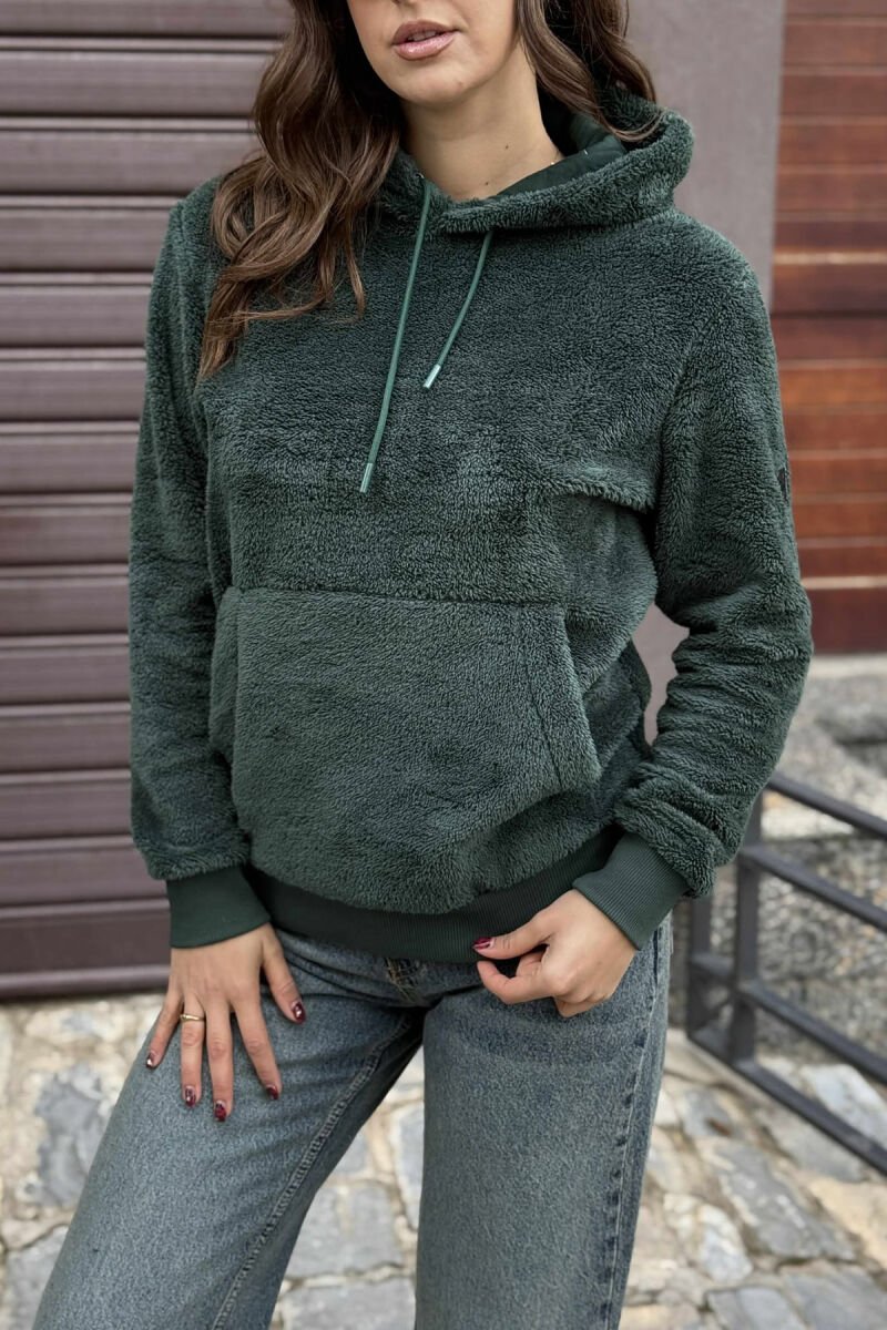 HOODIE NJË NGJYRËSHE E THJESHTË ME PUSH PËR FEMRA NË NGJYRË JESHILE - 3