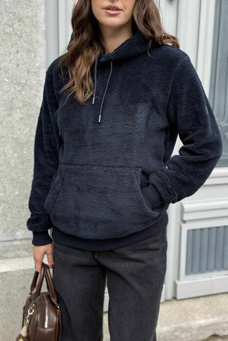 HOODIE NJË NGJYRËSHE E THJESHTË ME PUSH PËR FEMRA NË NGJYRËN BLU TË ERRËT - 4