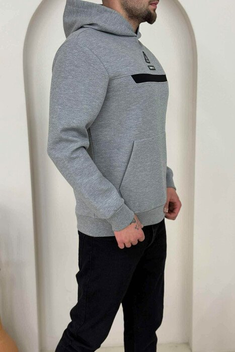 HOODIE NJË NGJYRËSHE ME LOGO NË PJESËN PARA PËR MESHKUJ NË NGJYRËN GRI - 3