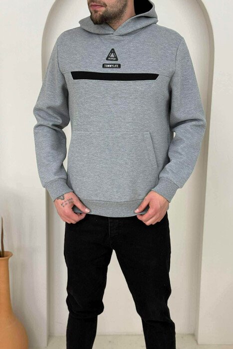 HOODIE NJË NGJYRËSHE ME LOGO NË PJESËN PARA PËR MESHKUJ NË NGJYRËN GRI - KLAUDIO FASHION