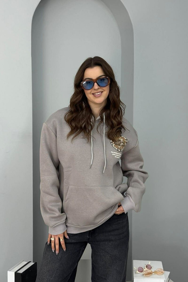 HOODIE NJE NGJYRESHE ME PUSH DHE DIZAJN NË PJESEN E PASME PER FEMRA NE NGJYRE GRI - 1