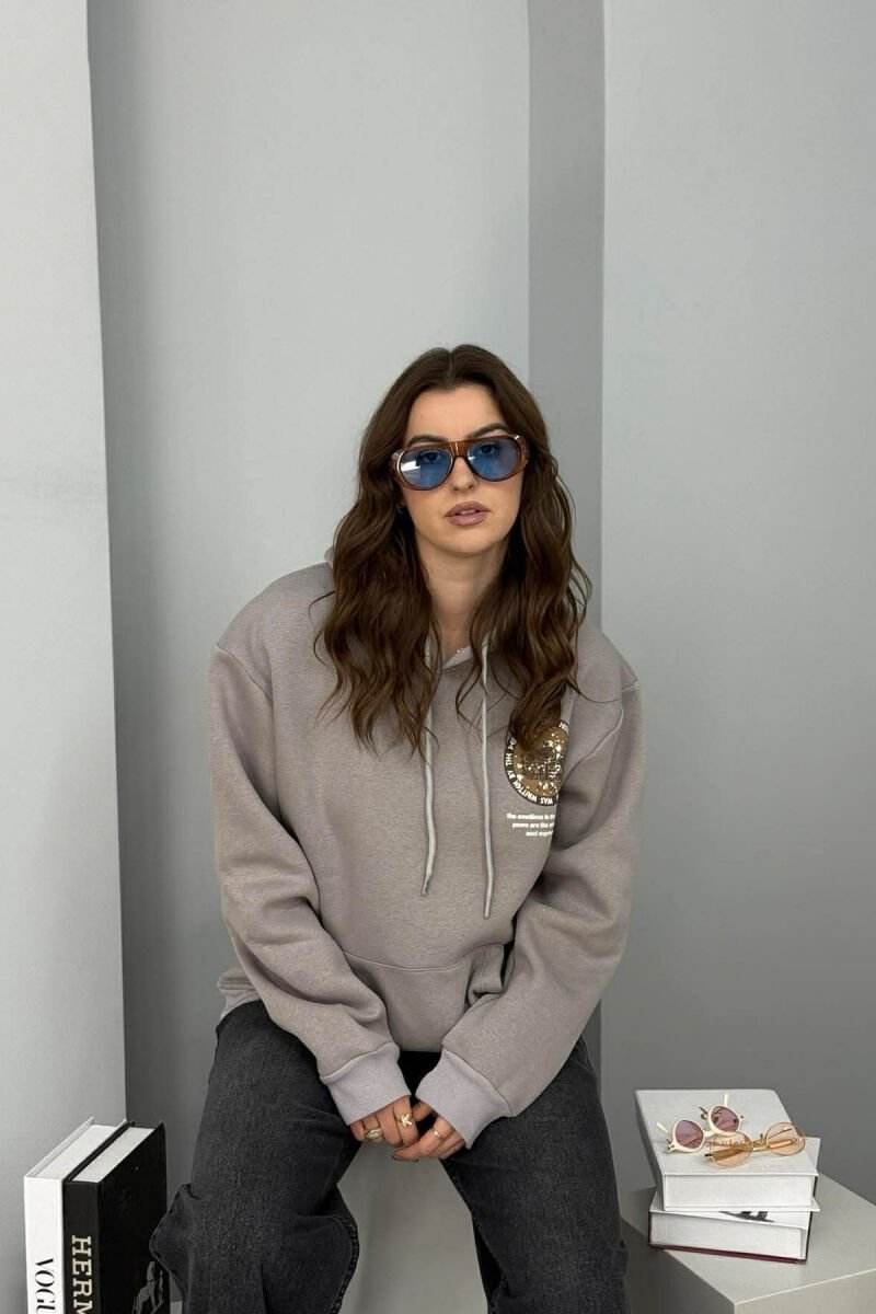 HOODIE NJE NGJYRESHE ME PUSH DHE DIZAJN NË PJESEN E PASME PER FEMRA NE NGJYRE GRI - 2