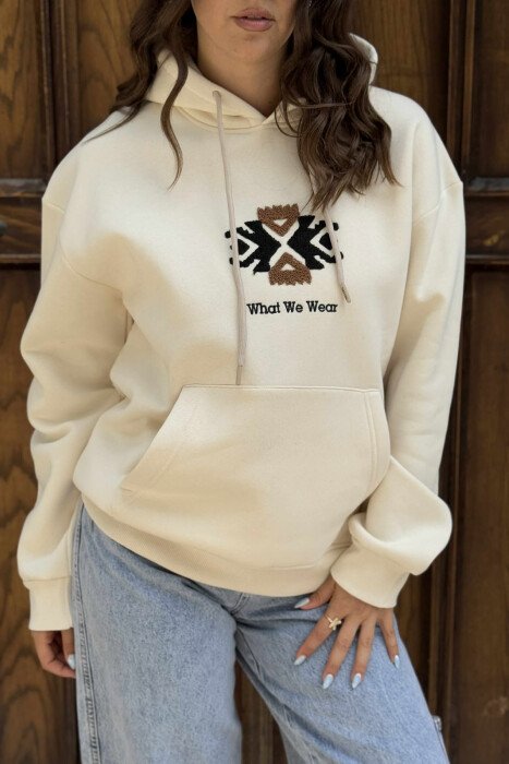 HOODIE NJË NGJYRËSHE ME PUSH DHE LOGO NË PJESËN PARA PËR FEMRA NË NGJYRËN KREM - 4