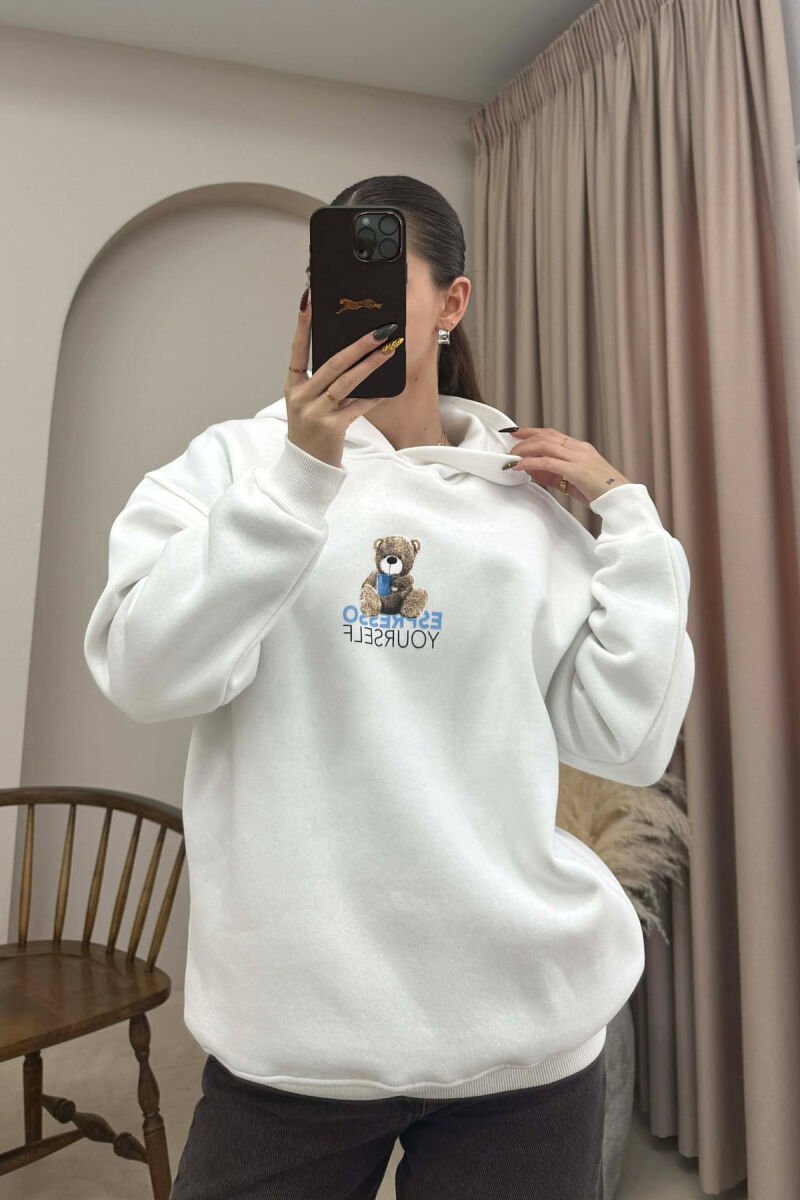 HOODIE NJE NGJYRESHE ME PUSH DHE ME IMAZHIN E ARUSHIT PER FEMRA NE NGJYRE TE BARDHE - 2