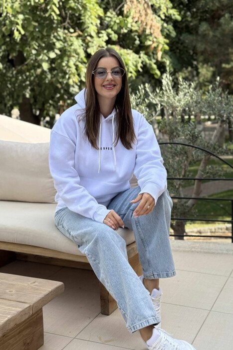 HOODIE NJË NGJYRËSHE ME PUSH DHE ME SHKRIM TE THJESHTË PARA PËR FEMRA NË NGJYRË TË BARDHË - 2