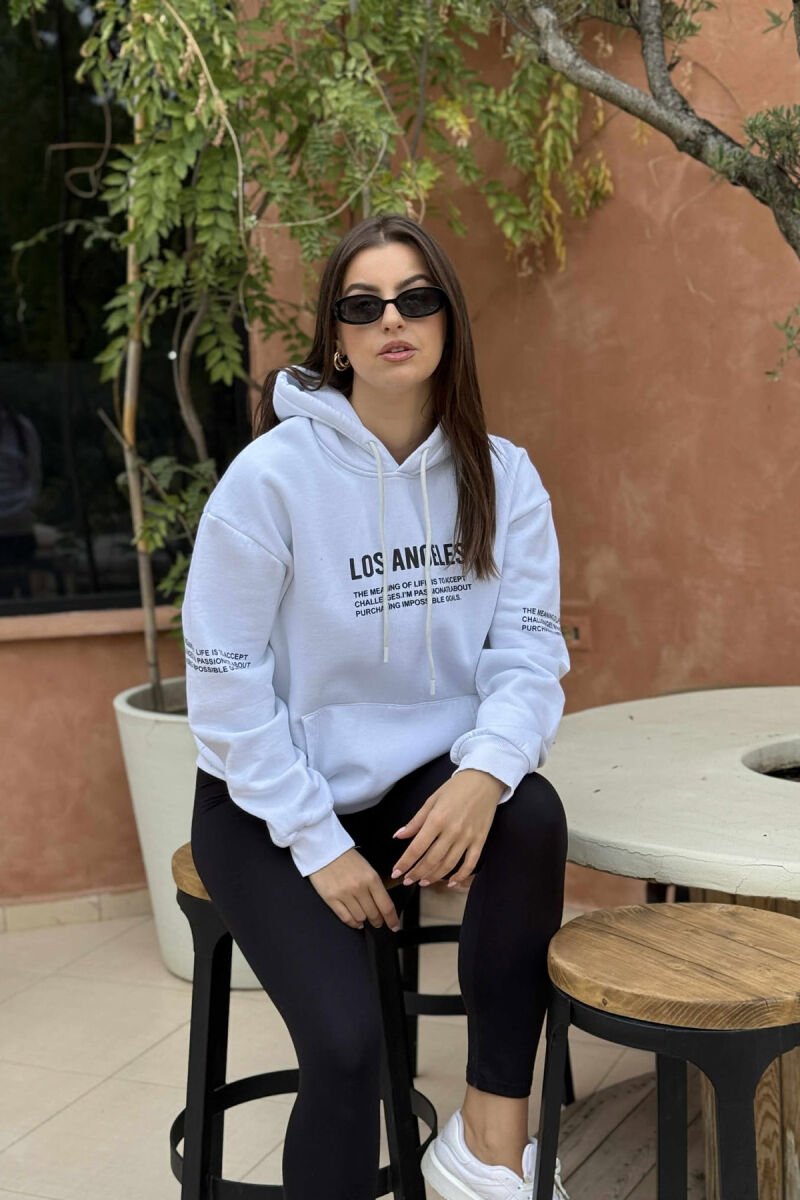 HOODIE NJË NGJYRËSHE ME PUSH DHE ME SHKRIME NË PJESËN PARA PËR FEMRA NË NGJYRË TË BARDHË - 3