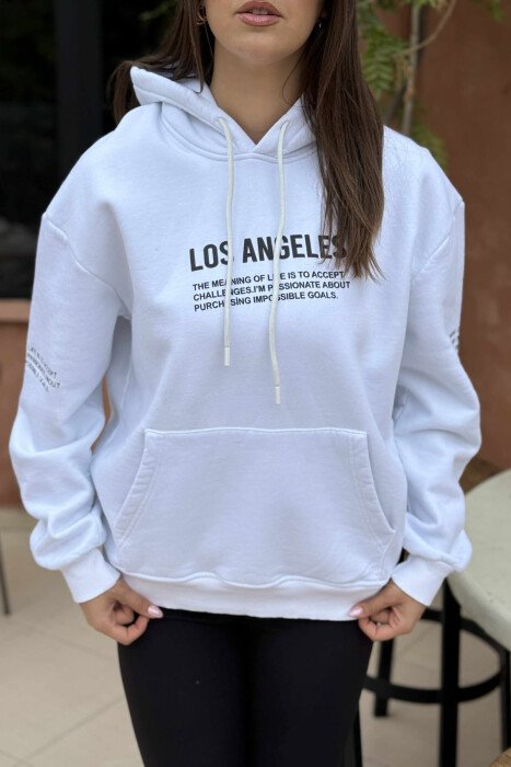 HOODIE NJË NGJYRËSHE ME PUSH DHE ME SHKRIME NË PJESËN PARA PËR FEMRA NË NGJYRË TË BARDHË - 4