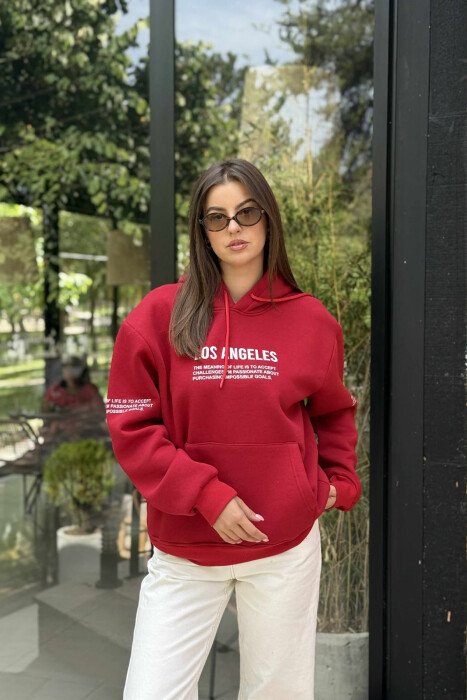 HOODIE NJË NGJYRËSHE ME PUSH DHE ME SHKRIME NË PJESËN PARA PËR FEMRA NË NGJYRË TË KUQE - 2