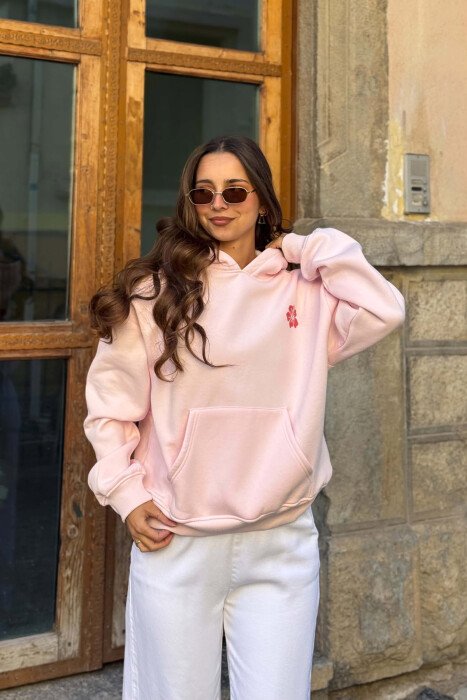 HOODIE NJE NGJYRESHE ME PUSH ME IMAZHE TE LULEVE PER FEMRA NE NGJYRE ROZE 