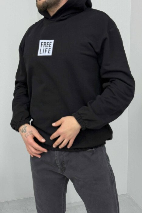 HOODIE NJËNGJYRËSHE ME SHKRIME PËR MESHKUJ NË NGJYRËN E ZEZË - 3