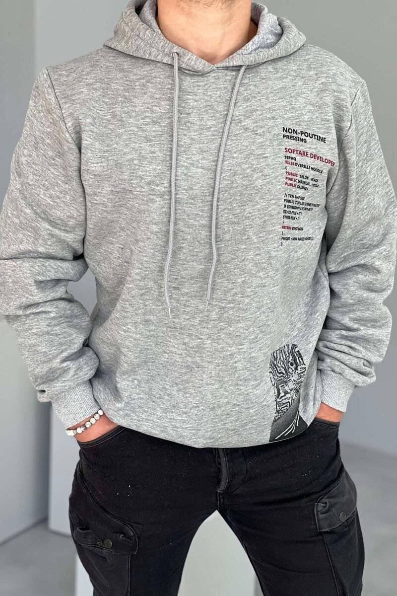 FRONT WRITING ONE COLOR FLUFFY MEN HOODIE LIGHT GREY/GZ - 1