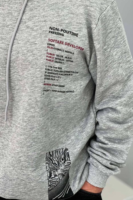 FRONT WRITING ONE COLOR FLUFFY MEN HOODIE LIGHT GREY/GZ - 2