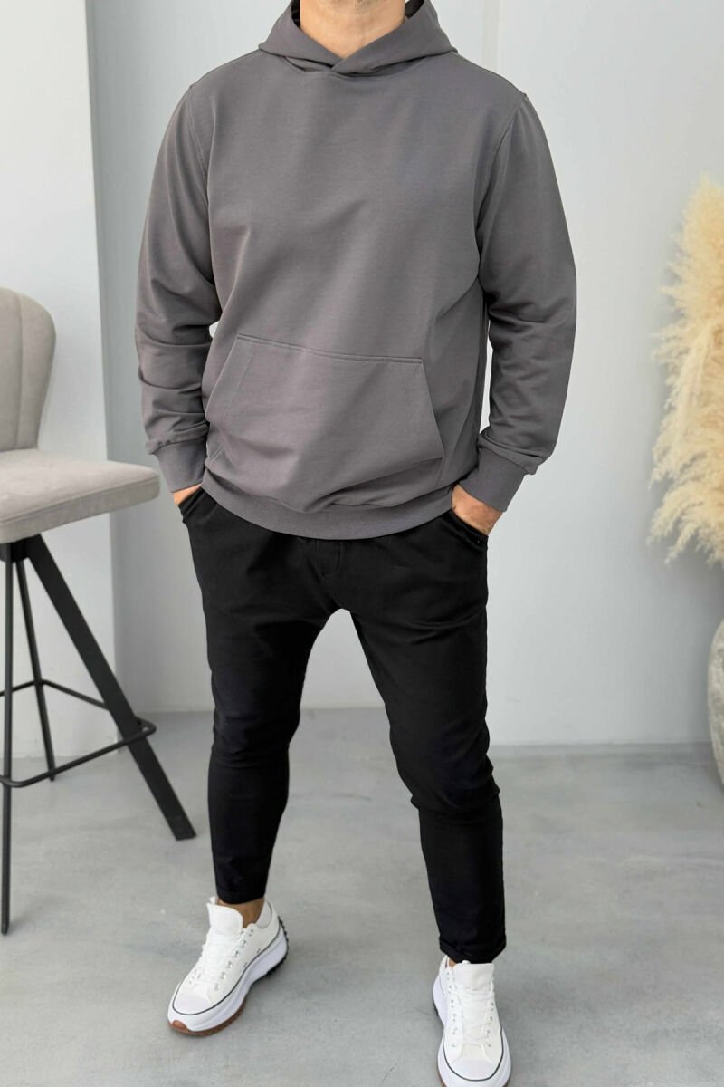 HOODIE NJËNGJYRËSHE E THJESHTË PËR MESHKUJ NË NGJYRN GRI TË ERRËT - 2