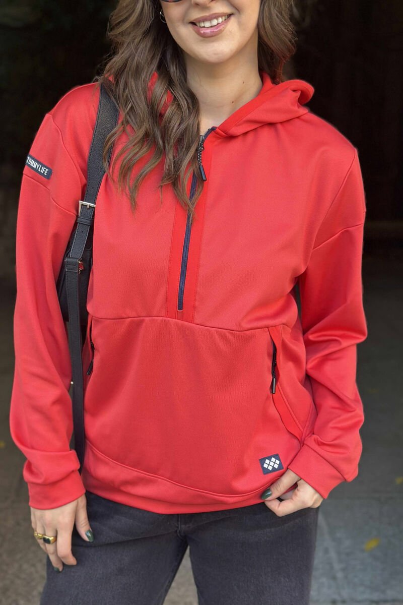 HOODIE NJËNGJYRËSHE ME JAKË ME ZINXHIR PËR FEMRA NË NGJYRË TË KUQE - 6