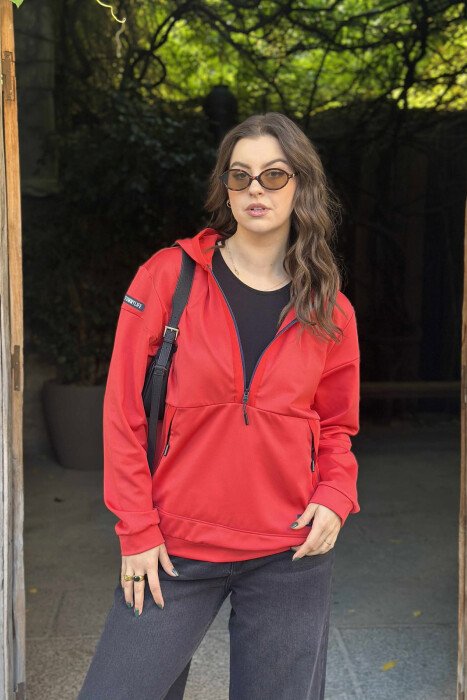 HOODIE NJËNGJYRËSHE ME JAKË ME ZINXHIR PËR FEMRA NË NGJYRË TË KUQE - 2