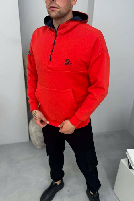 HOODIE NJËNGJYRËSHE ME JAKË ME ZINXHIR PËR MESHKUJ NË NGJYRËN E KUQE - 2