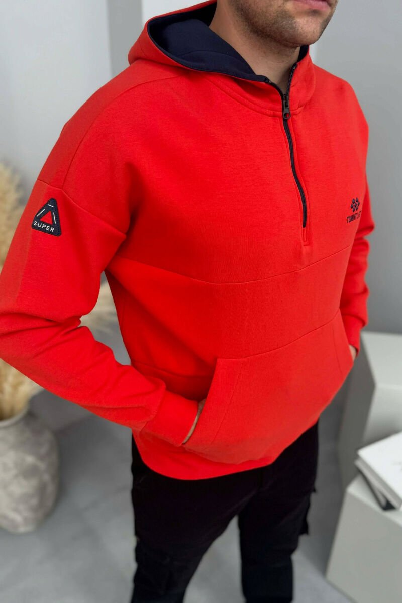 HOODIE NJËNGJYRËSHE ME JAKË ME ZINXHIR PËR MESHKUJ NË NGJYRËN E KUQE - 3
