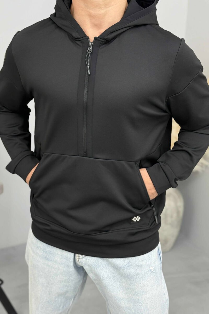 HOODIE NJËNGJYRËSHE ME JAKË ME ZINXHIR PËR MESHKUJ NË NGJYRËN E ZEZË - 1