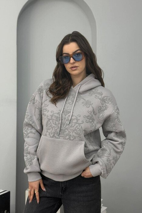 HOODIE NJENGJJYRESHE ME PUSH DHE DIZAJN LULESH PER FEMRA NË NGJYREN GRI - 2