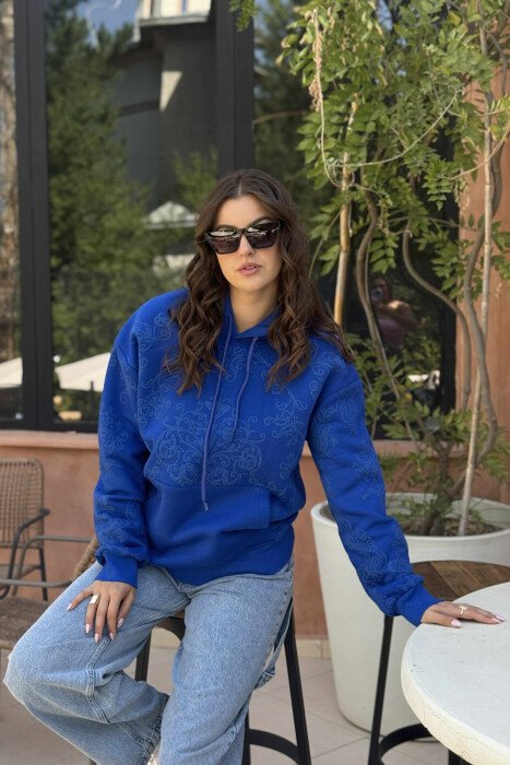 HOODIE NJËNGJJYRËSHE ME PUSH DHE DIZENJO LULESH PËR FEMRA NË NGJYRËN BLU - 1