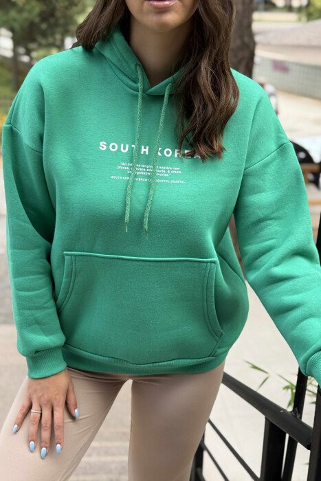 HOODIE NJËNGJYRËSHE ME PUSH DHE ME SHKRIME TË THJESHTA PËR FEMRA NË NGJYRËN JESHILE - 4