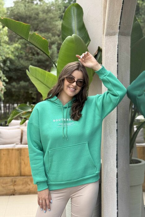 HOODIE NJËNGJYRËSHE ME PUSH DHE ME SHKRIME TË THJESHTA PËR FEMRA NË NGJYRËN JESHILE - 6