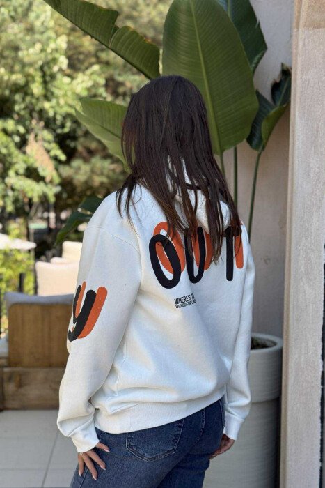 HOODIE NJËNGJYRËSHE ME PUSH DHE SHKRIM PËR FEMRA NË NGJYRËN E BARDHË - 3