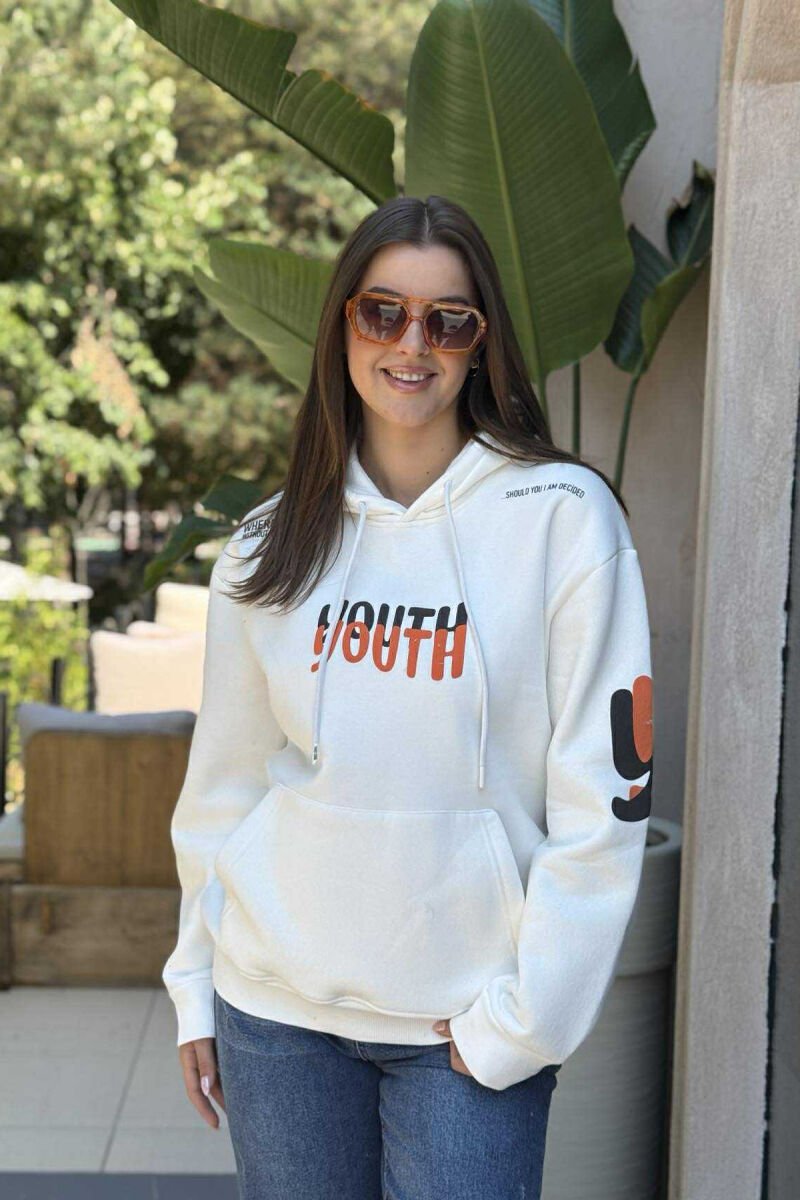 HOODIE NJËNGJYRËSHE ME PUSH DHE SHKRIM PËR FEMRA NË NGJYRËN E BARDHË - 2