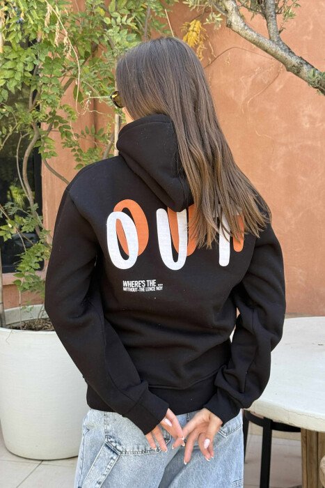 HOODIE NJËNGJYRËSHE ME PUSH DHE SHKRIM PËR FEMRA NË NGJYRËN E ZEZË - 4