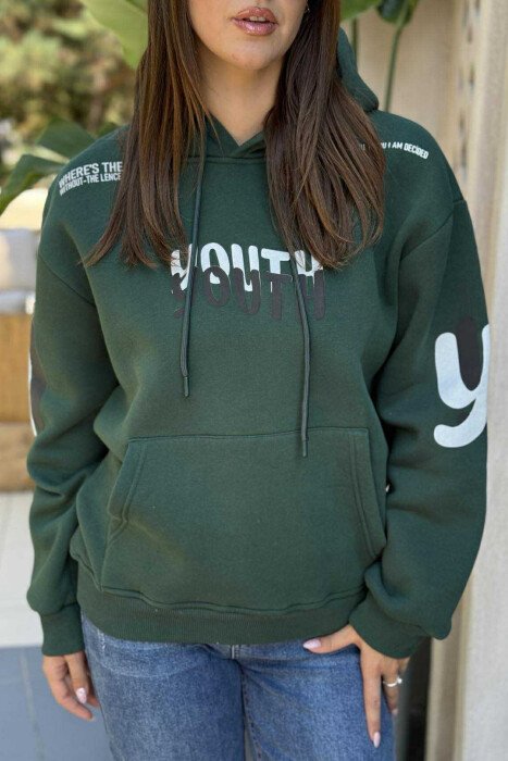 HOODIE NJËNGJYRËSHE ME PUSH DHE SHKRIM PËR FEMRA NË NGJYRËN JESHILE - 4