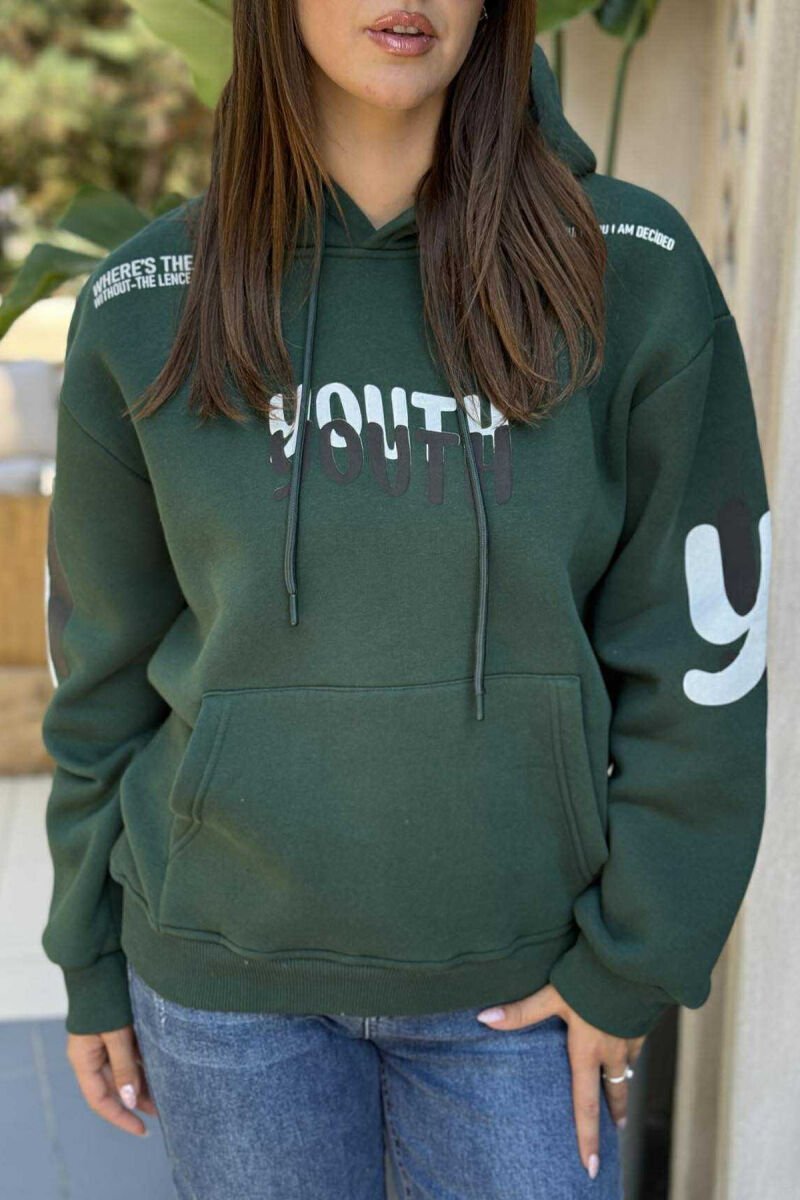 HOODIE NJËNGJYRËSHE ME PUSH DHE SHKRIM PËR FEMRA NË NGJYRËN JESHILE - 4