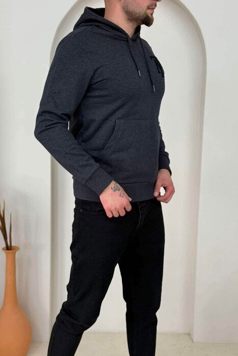HOODIE NJËNGJYRËSHE ME LOGO TË THJESHTË PARA PËR MESHKUJ NË NGJYRËN GRI TË ERRËT - 3