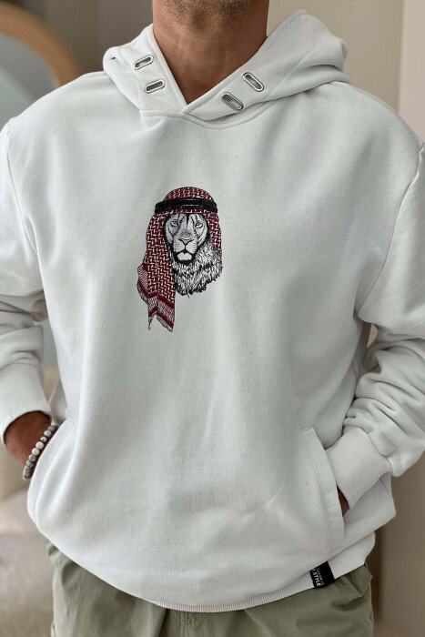 HOODIE PAMBUKU PËR MESHKUJ ME IMAZH LUANI NË NGJYRËN E BARDHË - KLAUDIO FASHION