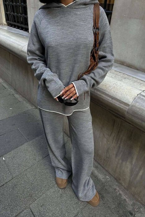 HOODIED SWEATER+PANTS KNIT WOMAN SET GREY/GRI - KLAUDIO FASHION