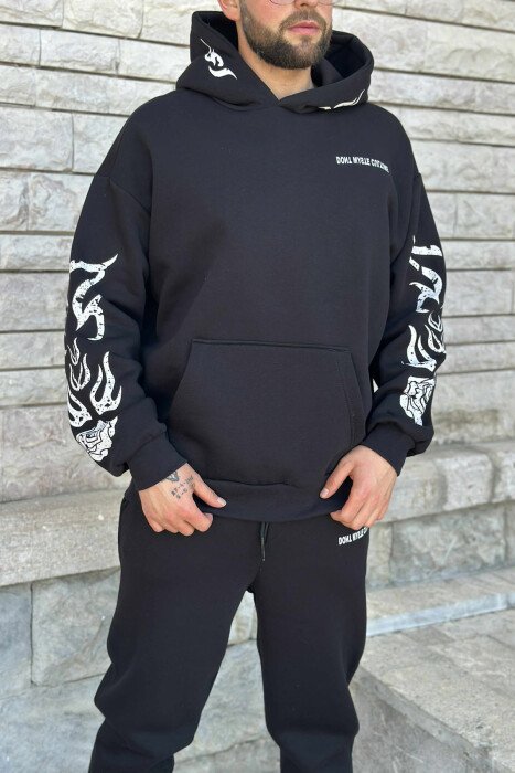 HOODIE+JOGGERS SIMPLE DESIGN FLUFFY MEN SET BLACK/ E ZEZE - 2