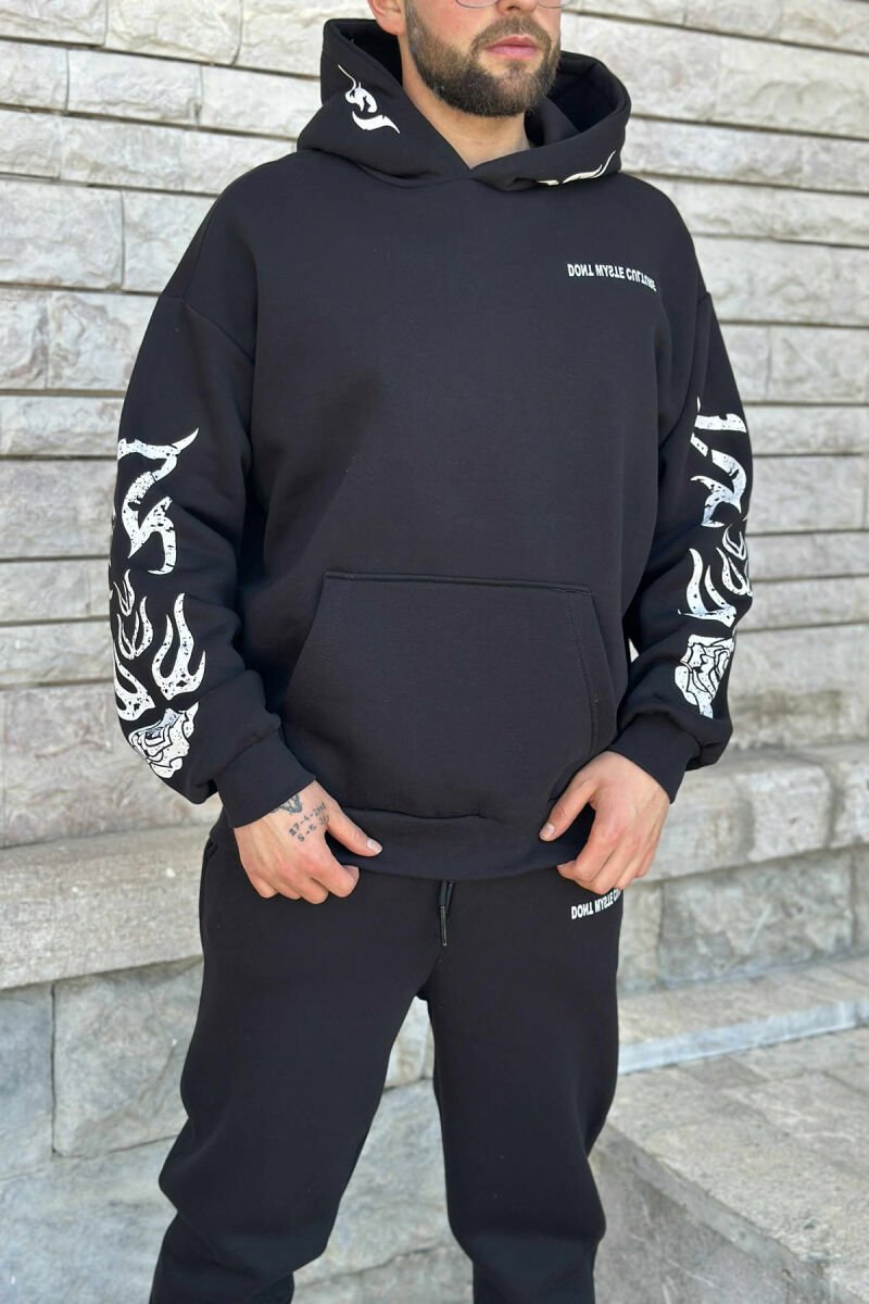 HOODIE+JOGGERS SIMPLE DESIGN FLUFFY MEN SET BLACK/ E ZEZE - 2