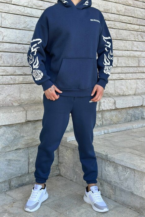 HOODIE+JOGGERS SIMPLE DESIGN FLUFFY MEN SET DARK BLUE/BEE 