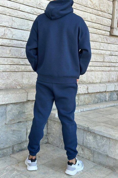 HOODIE+JOGGERS SIMPLE DESIGN FLUFFY MEN SET DARK BLUE/BEE - 4