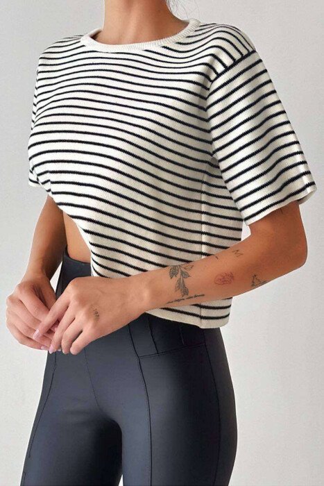 HORIZONTAL STRIPES WOMEN T-SHIRT WHITE-BLACK/BAZE - KLAUDIO FASHION