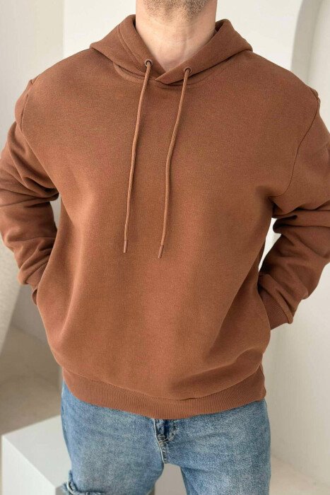 IMAGE IN THE BACK COTTON FLUFFY MEN HOODIE BROWN/KAFE - KLAUDIO FASHION