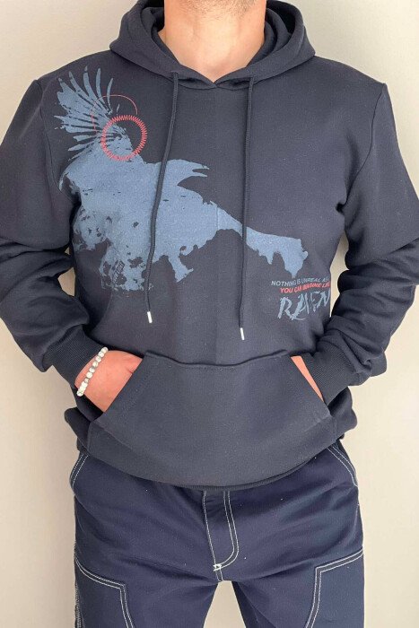 IMAGE LITTLE WRITTINGS FLUFFY MEN HOODIE DARK BLUE/BEE - KLAUDIO FASHION