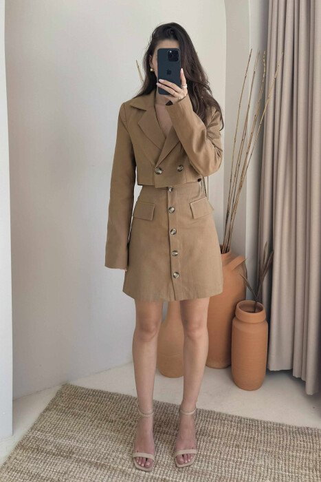 JACKET & SKIRT ONE COLOR WOMEN SET BROWN/KAFE 