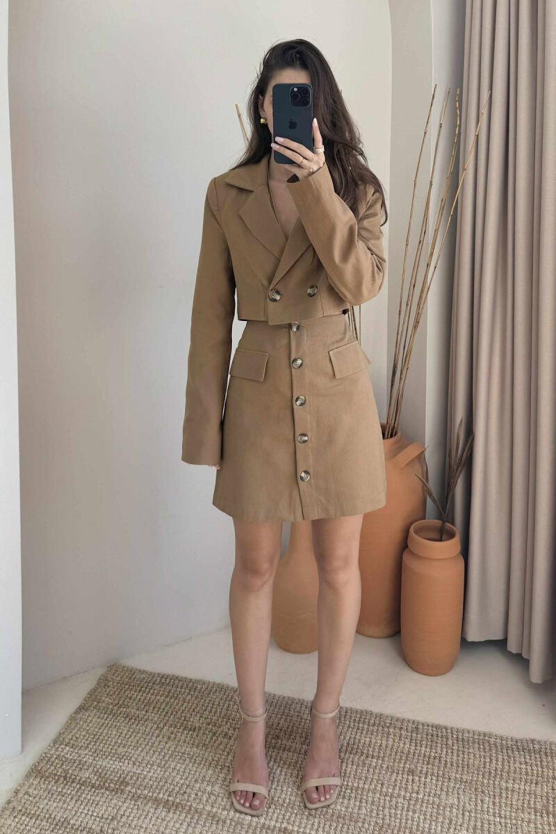 JACKET & SKIRT ONE COLOR WOMEN SET BROWN/KAFE - 1
